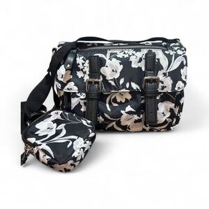 Thirty-One Small Messenger Bag with Detachable Pouch – Black & White Floral NWOT